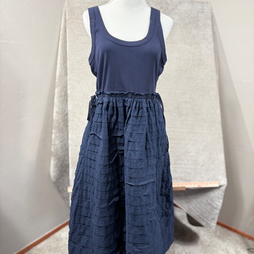 Cinq a Sept Tous Les Jours Navy Blue Ribbed Mixed‎ Media Ruffle Midi Dress XL